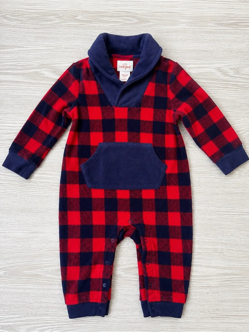 Cat & Jack Buffalo Plaid Fleece Romper Baby 3-6 Months Red Navy Hooded One Piece